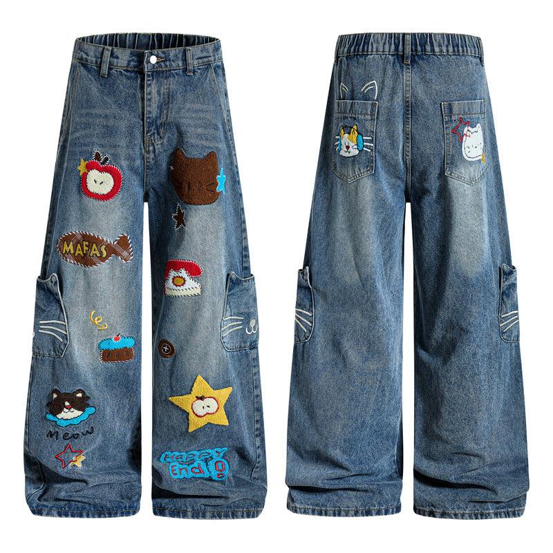 Retro Style Cartoon Embroidery Knife Jeans For Women | MuddyStock Originals