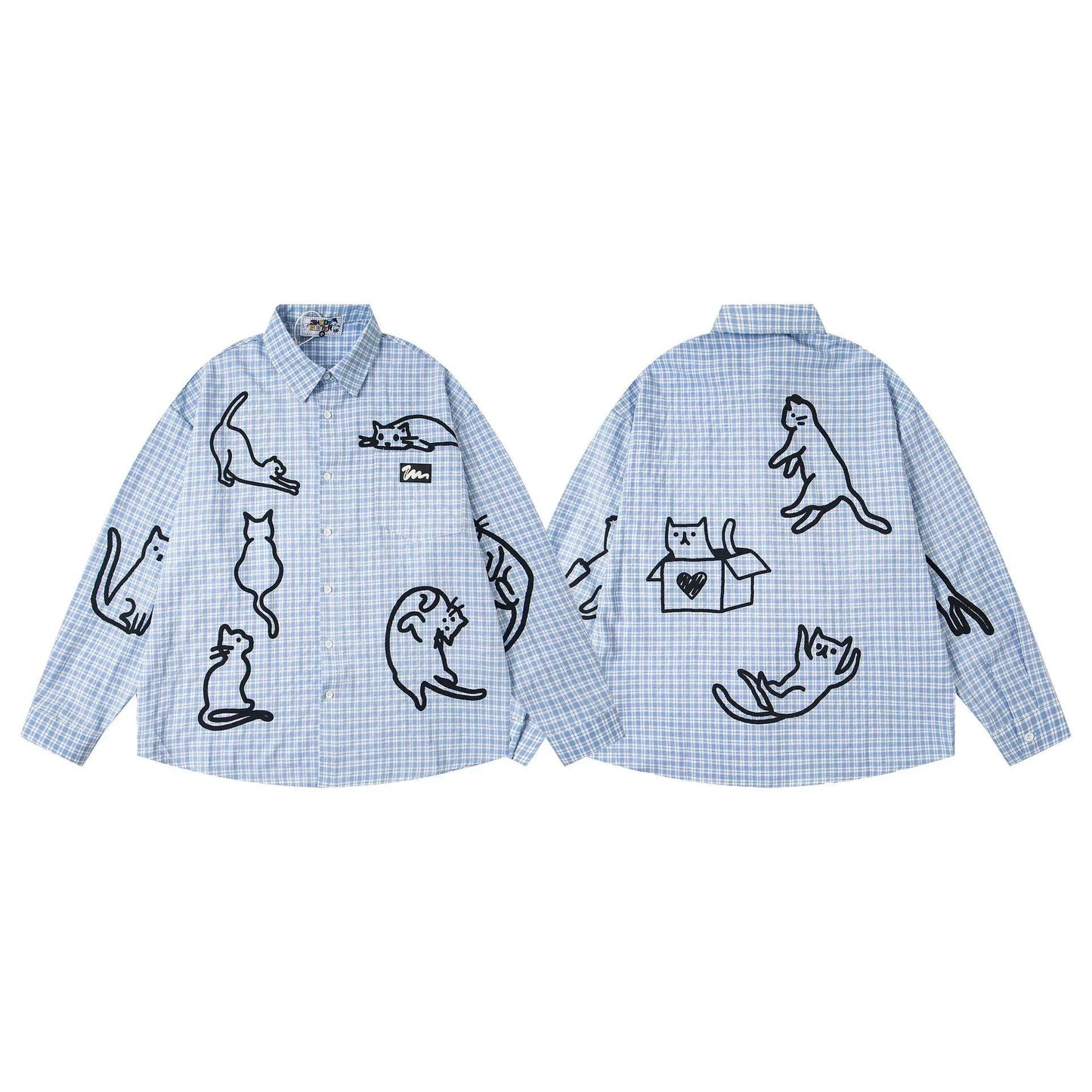 Blue checkered cat loose men and women long shirt | MuddyStock Originals