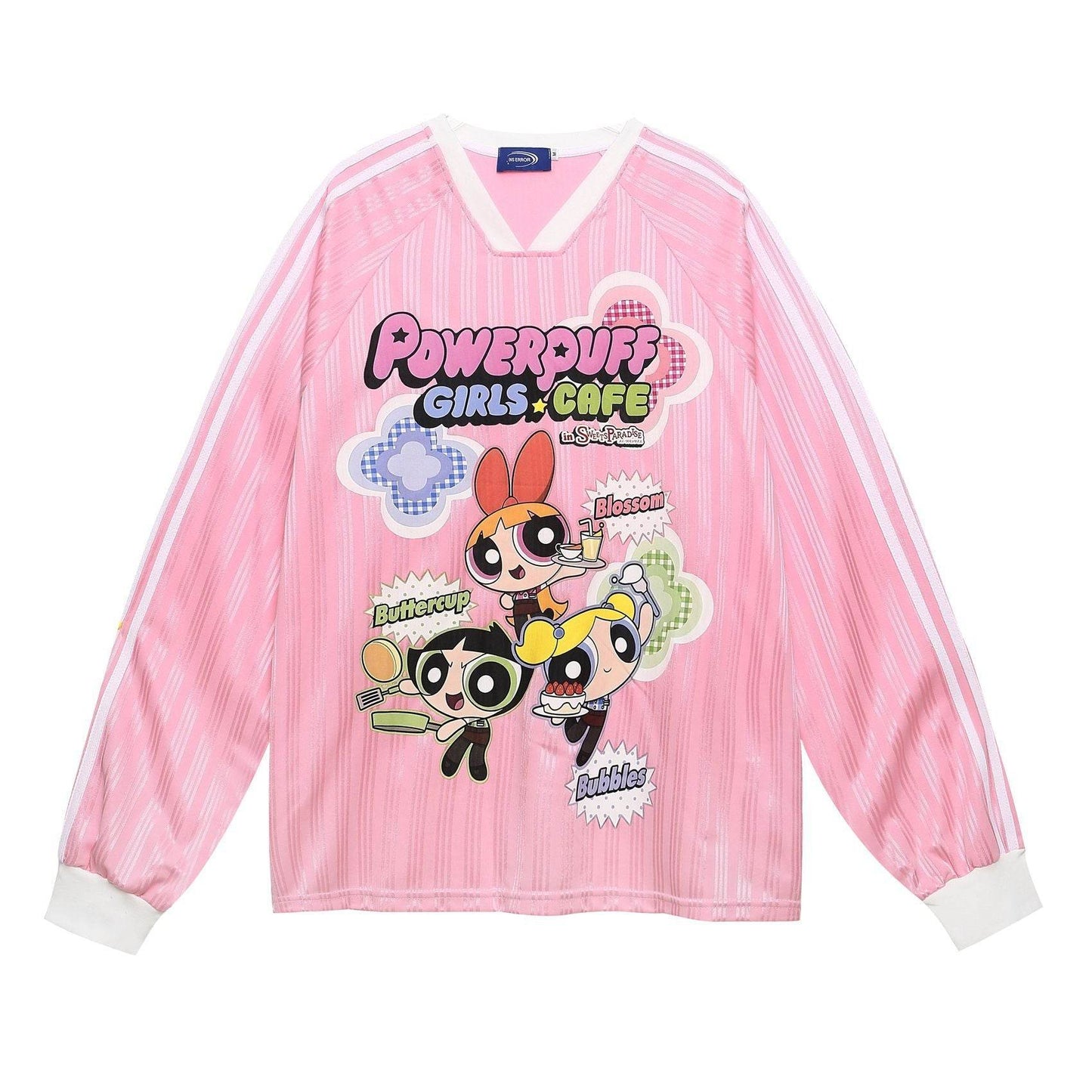 Striped Cartoon Letter Print V-Neck Long Sleeve T-Shirt For Women | MuddyStock Originals Pink MuddyStock