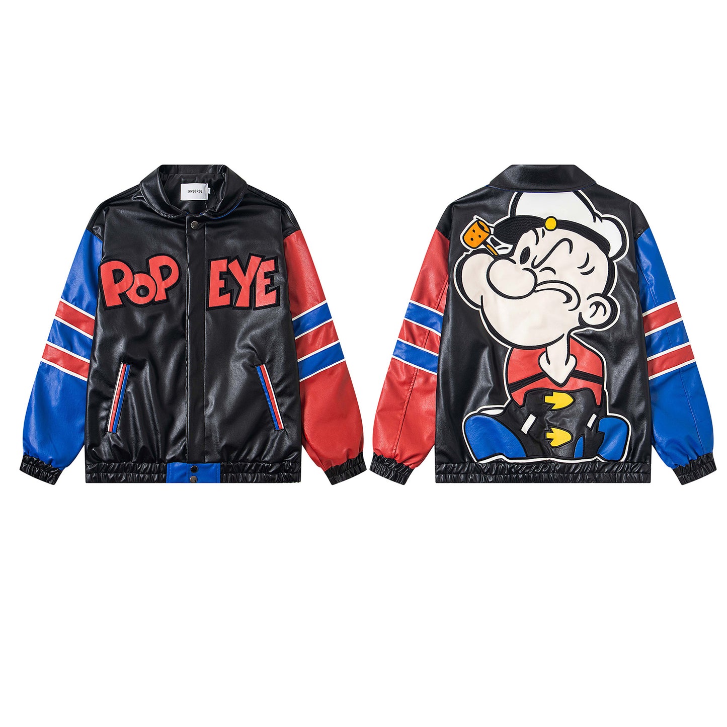 Patchwork Color-blocked Cartoon Lapel Leather Jacket For Men | MuddyStock Originals