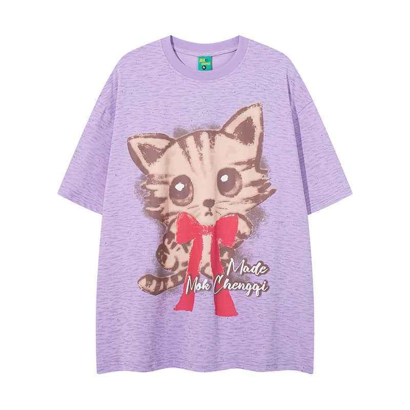 Retro Cute Cat Print Short Sleeve T-Shirt For Women | MuddyStock Originals Purple