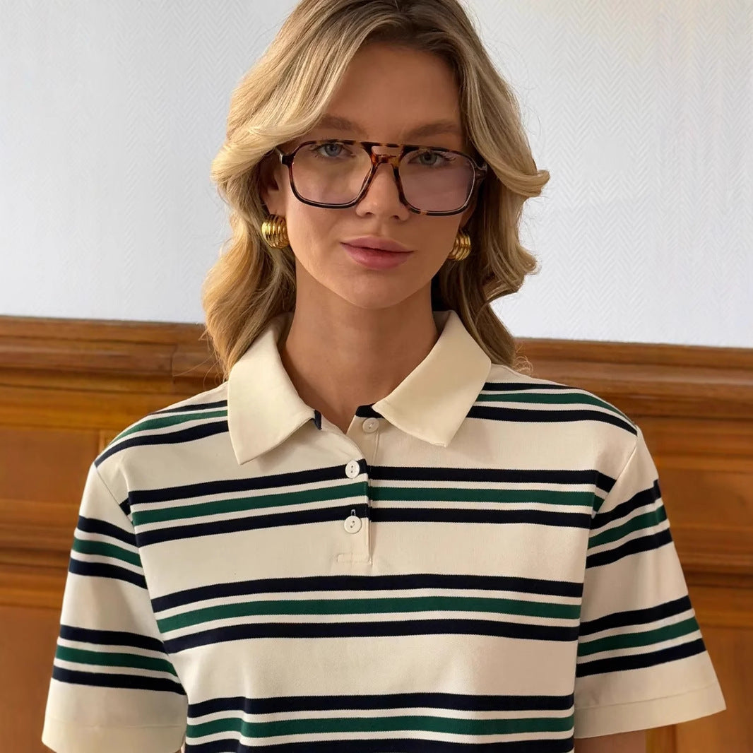 Stripe Polo Loose Fit Short Sleeve T-Shirt for Women | MuddyStock Originals MuddyStock