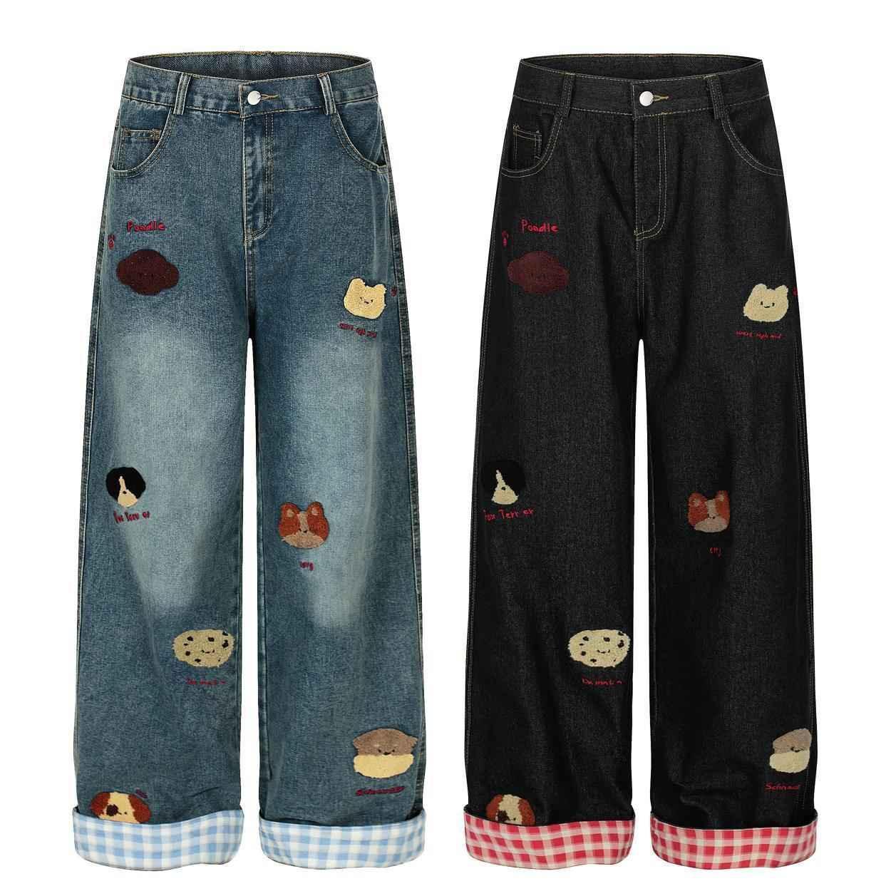 Washed vintage puppy embroidered lazy jeans for women | MuddyStock Originals