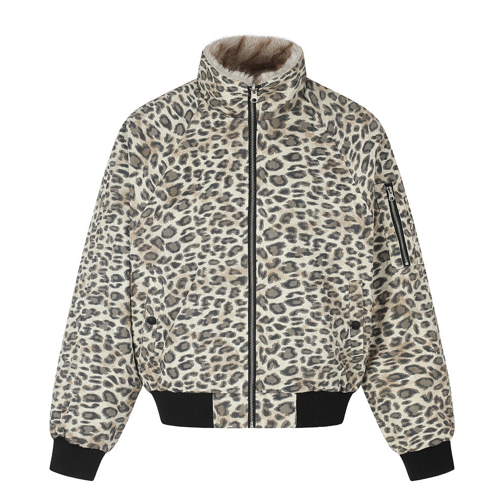 Punk Street Style Reversible Faux Fur Stand Collar Loose Fit Men's Leopard Print Winter Cotton Coat Beige Leopard Print