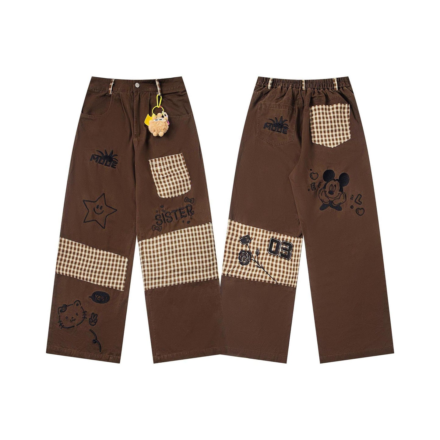 Cartoon design checkered patchwork jeans for women | MuddyStock Originals