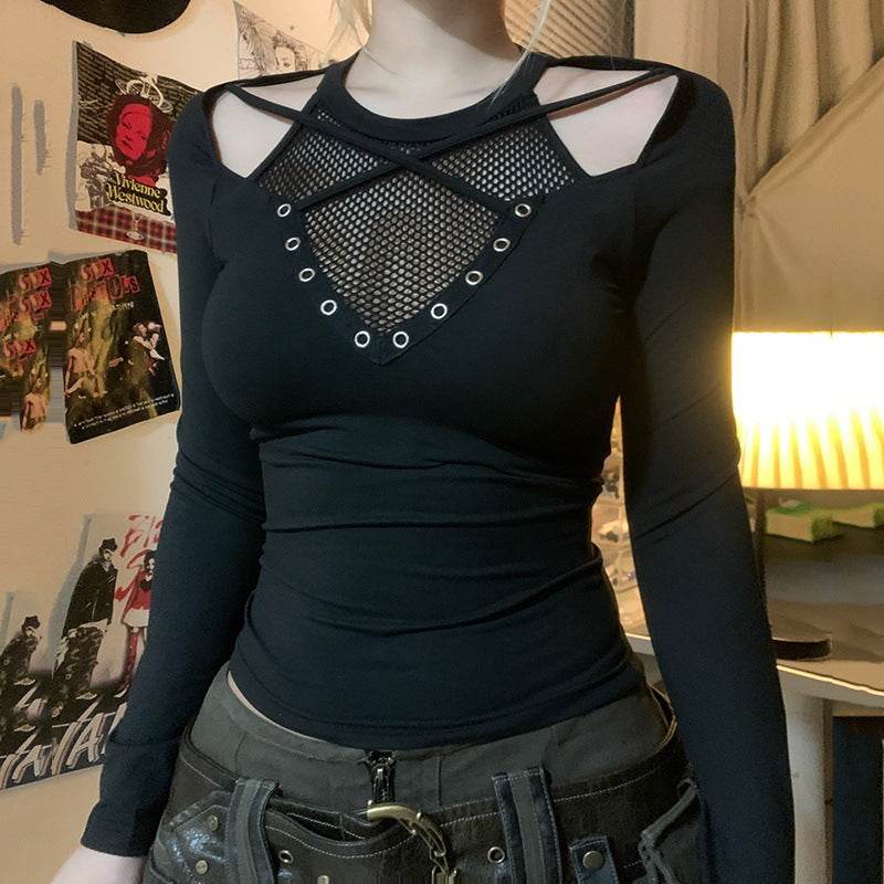 Grid cross splicing slim fit long sleeved top for women | MuddyStock Originals MuddyStock