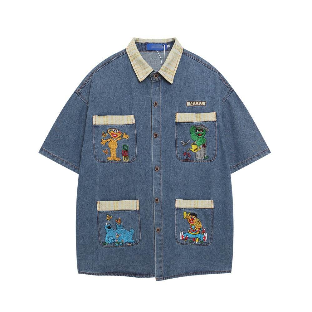 Embroidery Denim Short Sleeve Shirt for Men And Women | MuddyStock Originals Denim Blue MuddyStock