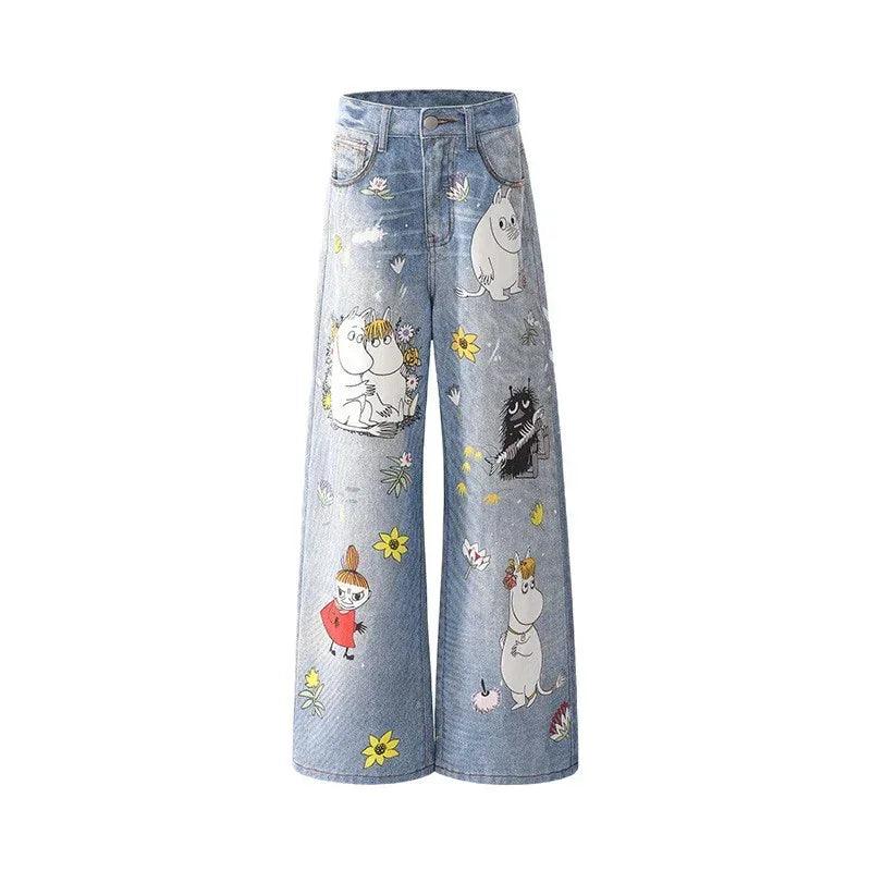 Women's Cartoon Wide-Leg Loose Straight Jeans | MuddyStock Originals