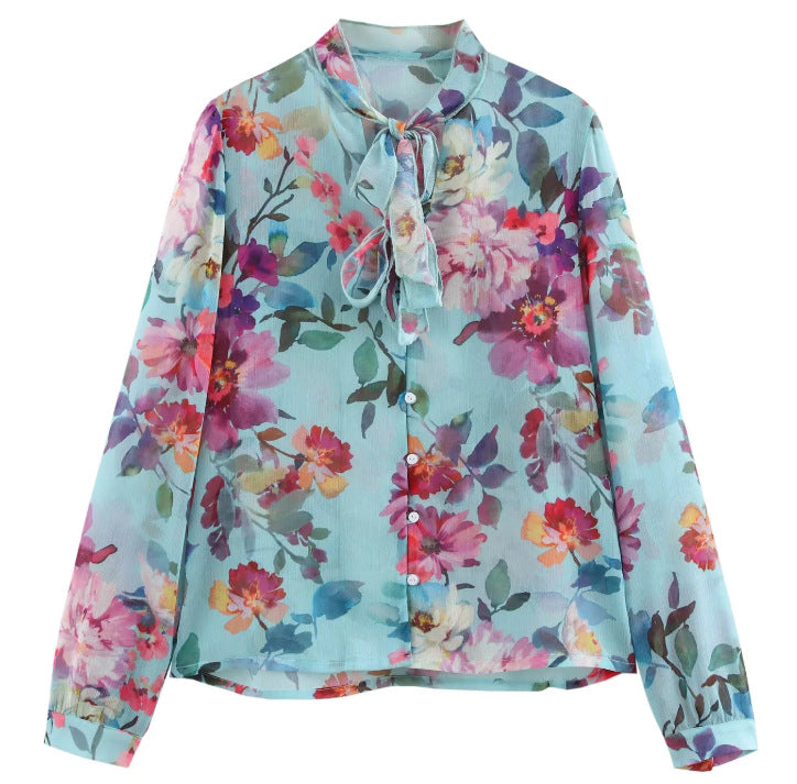 Bow embellished floral print long sleeved top for women | MuddyStock Originals Picture Color MuddyStock