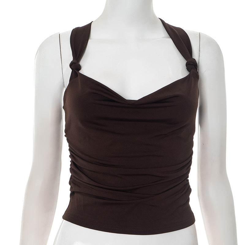 Women's Summer Pleated Cross-Back Short Crop Tank Top | MuddyStock Originals Brown