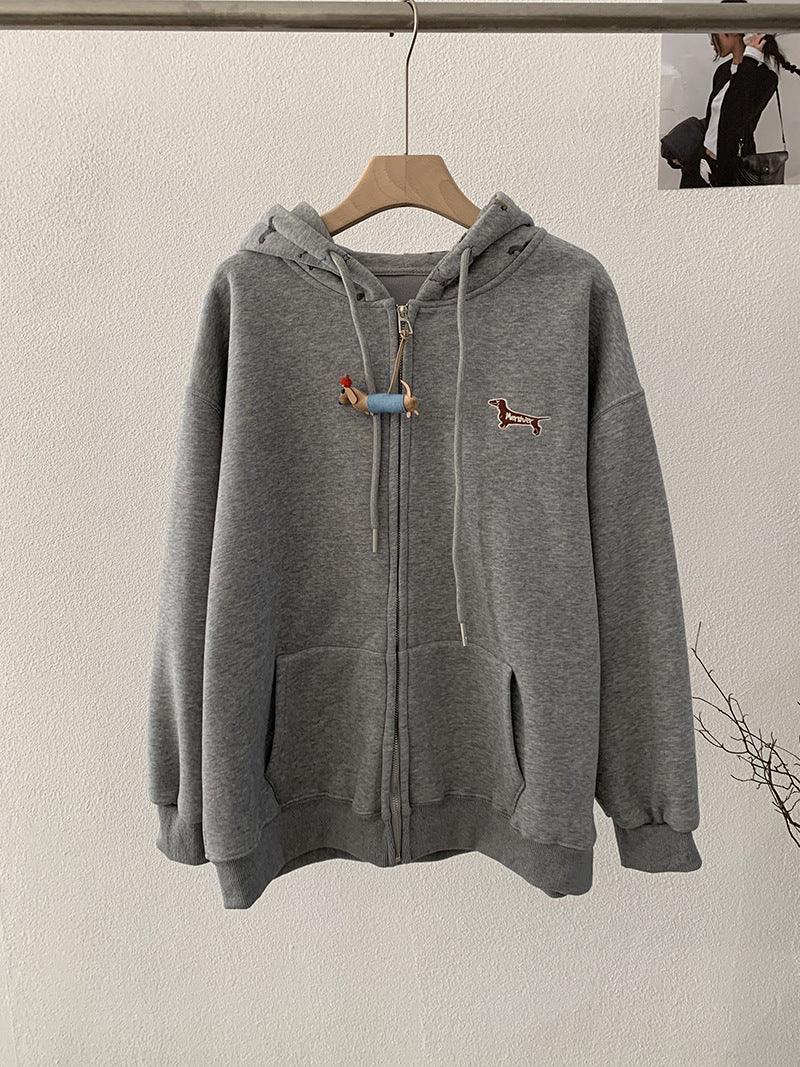 Embroidered Dog Print Hoodie For Women | MuddyStock Originals Linen Gray One Size