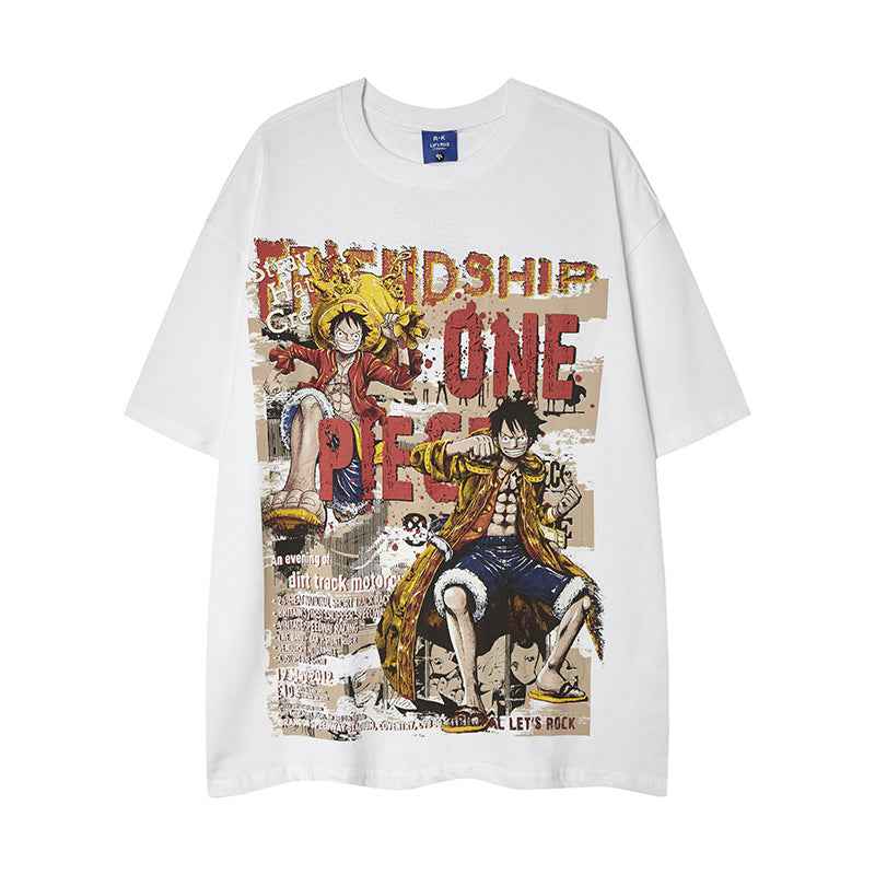 Washed Cartoon Anime Luffy Printed Short Sleeve T-Shirt For Men | MuddyStock Originals White eprolo