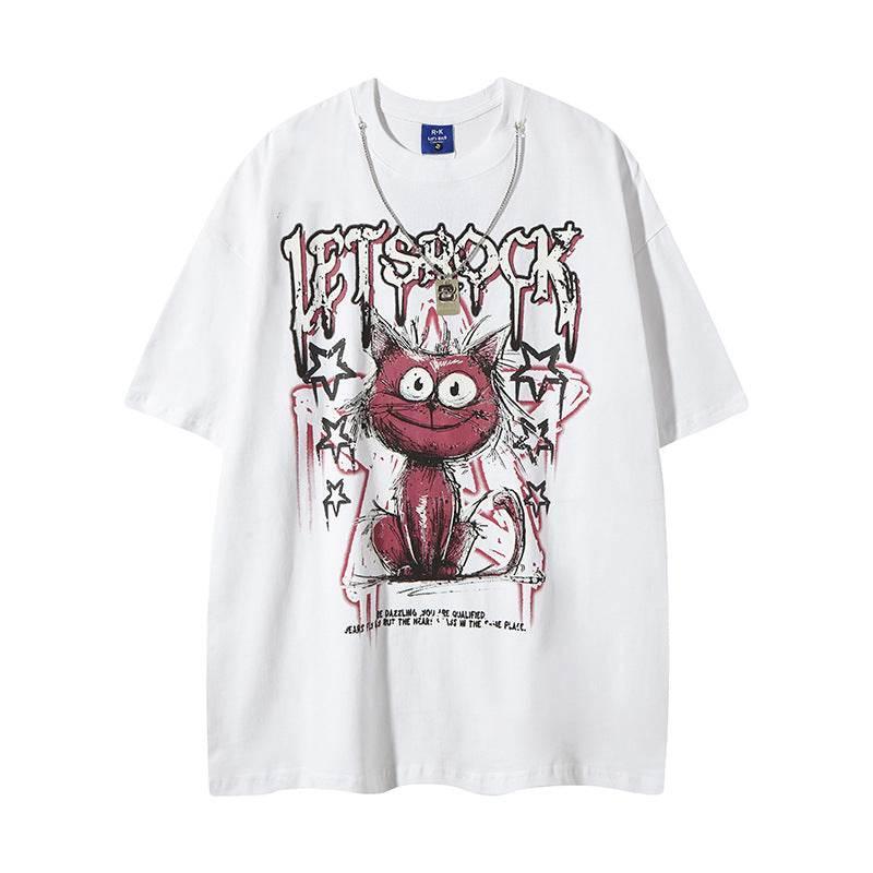 Streetwear Cartoon Cat Graffiti Letter T-Shirt with Necklace For Men And Women | MuddyStock Originals White