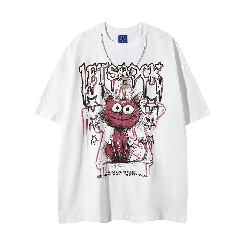Streetwear Cartoon Cat Graffiti Letter T-Shirt with Necklace For Men And Women | MuddyStock Originals White MuddyStock