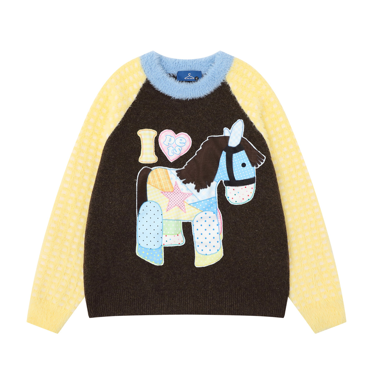 Color blocking pony pattern sweater for women | MuddyStock Originals Brown