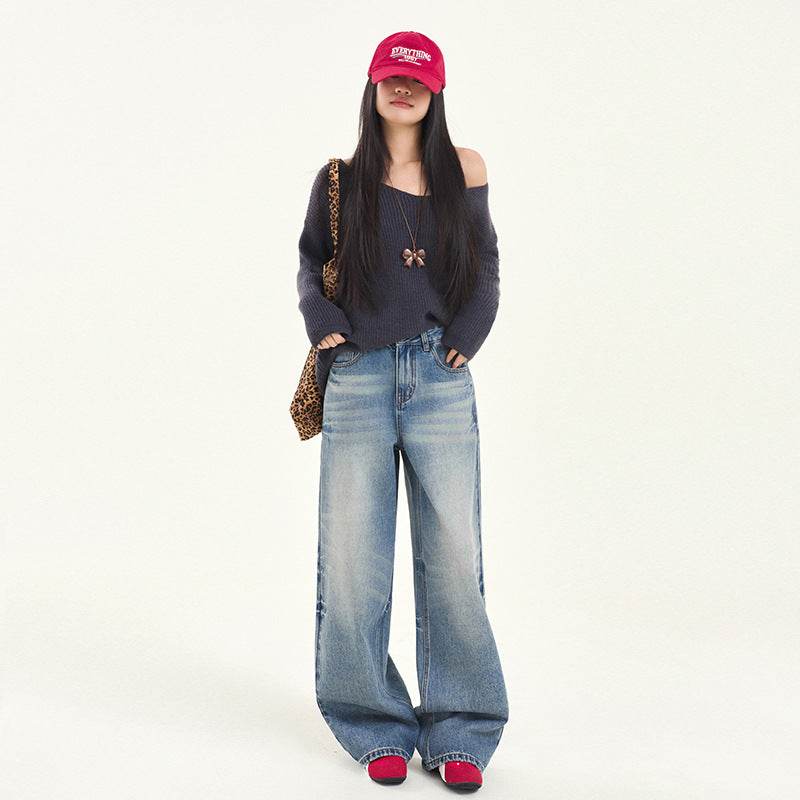 Women's Washed High Street Floor-Length Denim Pants Spring High Waist Slimming Loose Wide-Leg Pants Vintage Blue # Extended Length eprolo