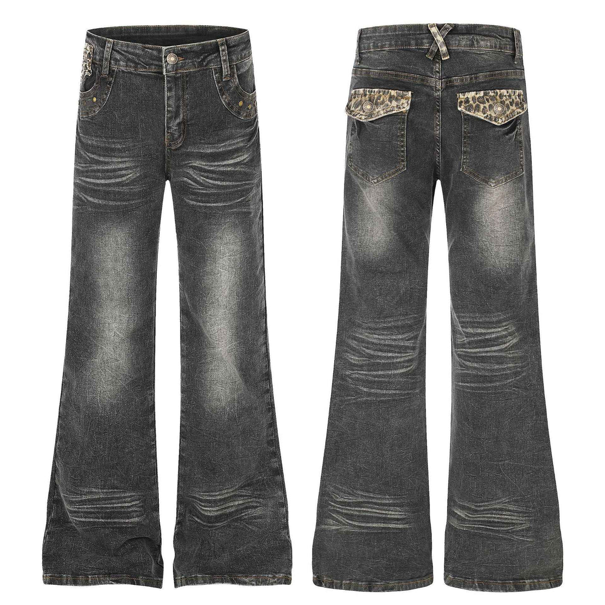 Women's High Waist Denim Flare Jeans with Leopard Patchwork | MuddyStock Originals