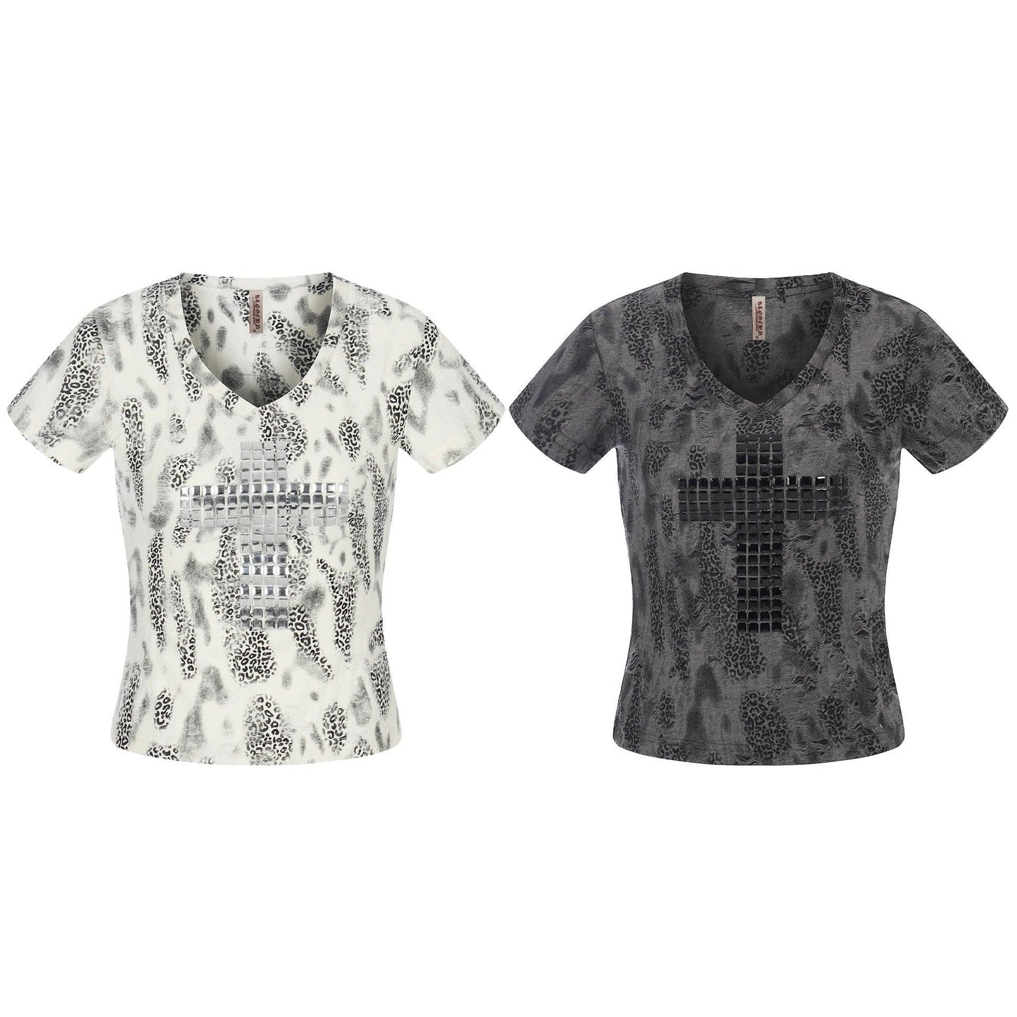 Distressed Leopard Print V-Neck Short Sleeve T-Shirt Top For Women | MuddyStock Originals