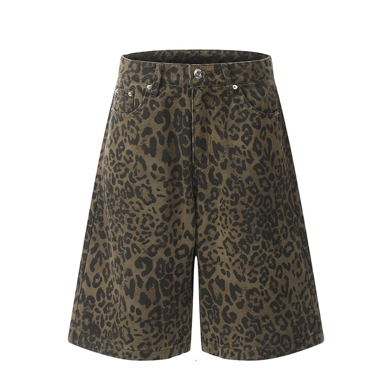 Leopard print denim seven quarter shorts