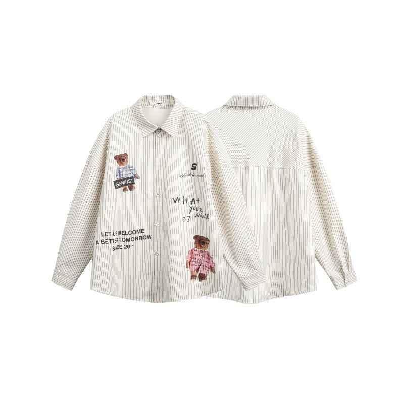 Fun Bear Print Loose Striped Shirt For Women | MuddyStock Originals