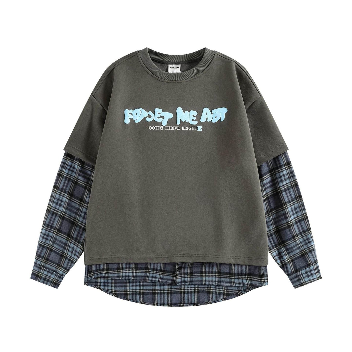 Plaid Splicing Fake Two-Piece Loose Hoodie For Men And Women| MuddyStock Originals Gray