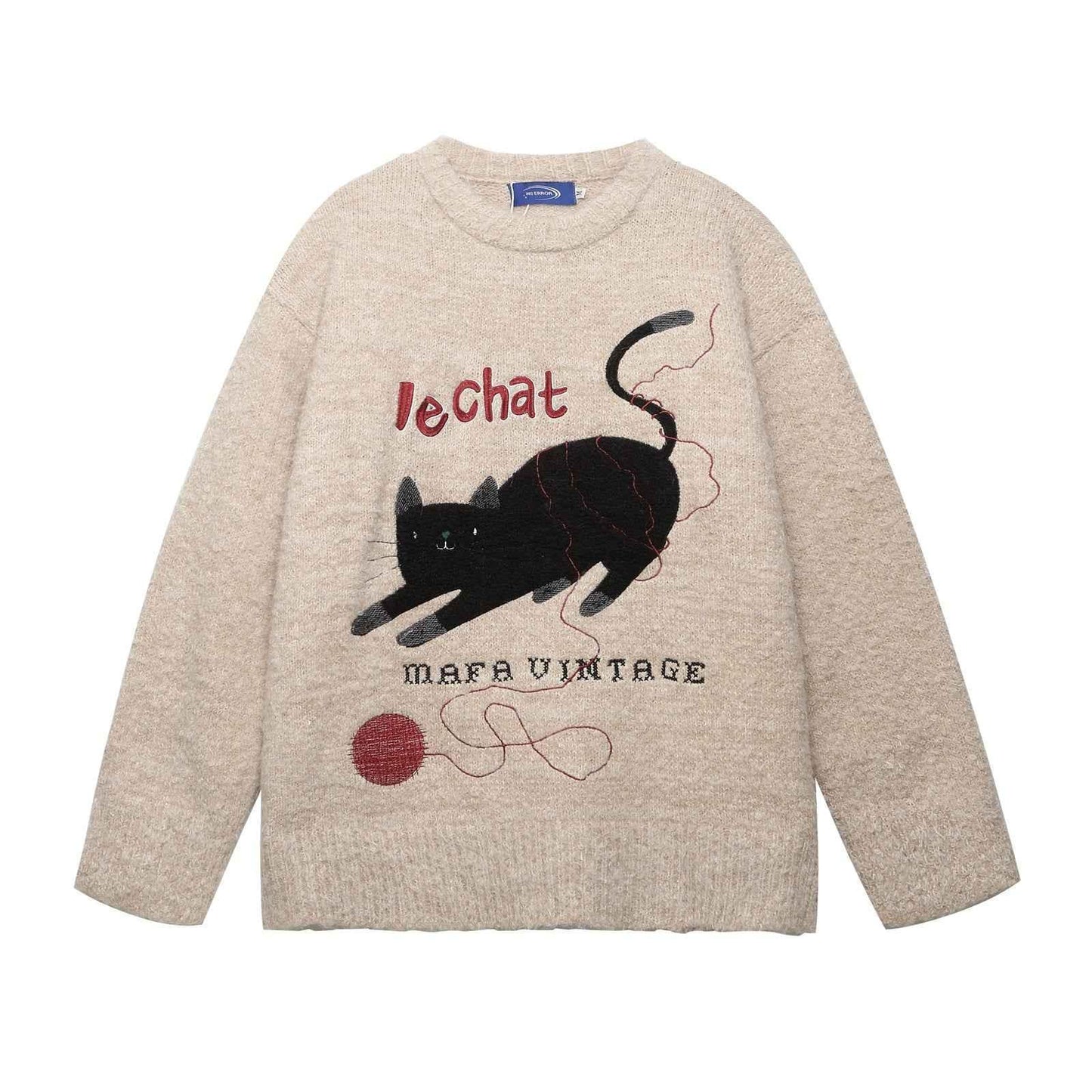 Retro Fun Cute Cat Jacquard Knit Sweater for Women | MuddyStock Originals Khaki