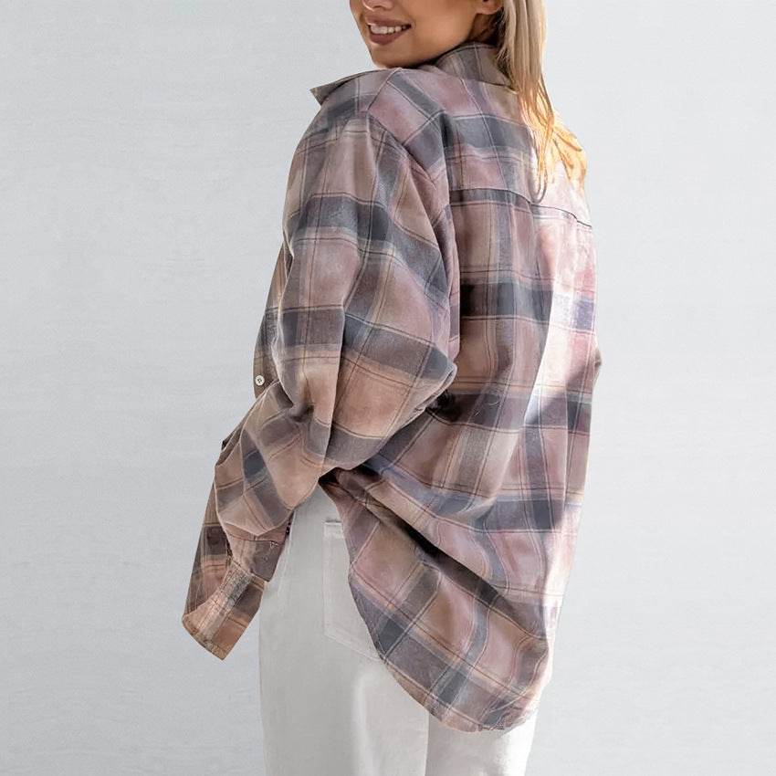 Retro loose long sleeved checkered shirt for women MuddyStock