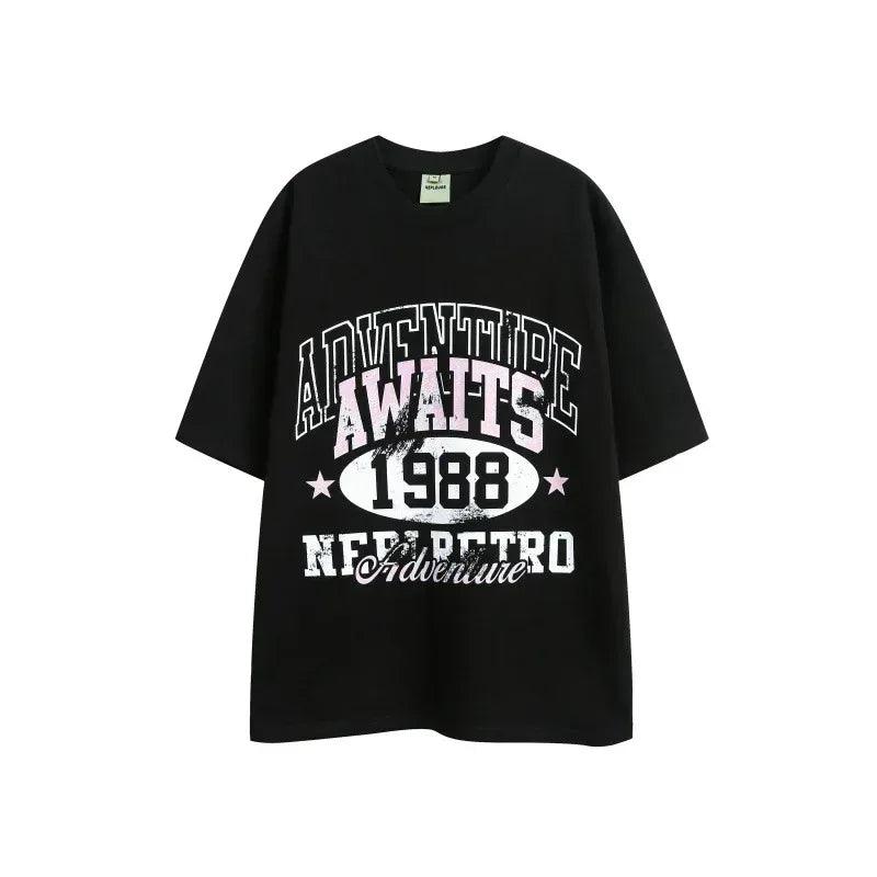 Vintage print loose small neckline short sleeved T-shirt for men and women | MuddyStock Originals Black