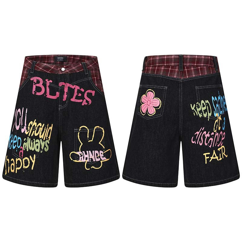 Flower letter graffiti printed denim shorts