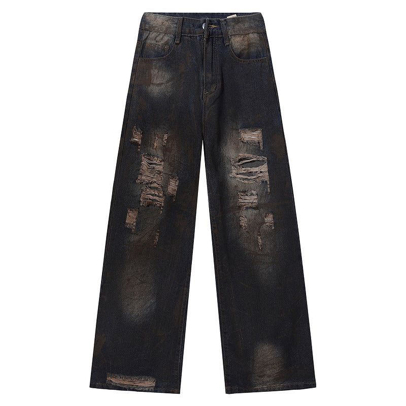 Washed Mud-Dyed Ripped Jeans Men's Loose Wide-Leg Pants