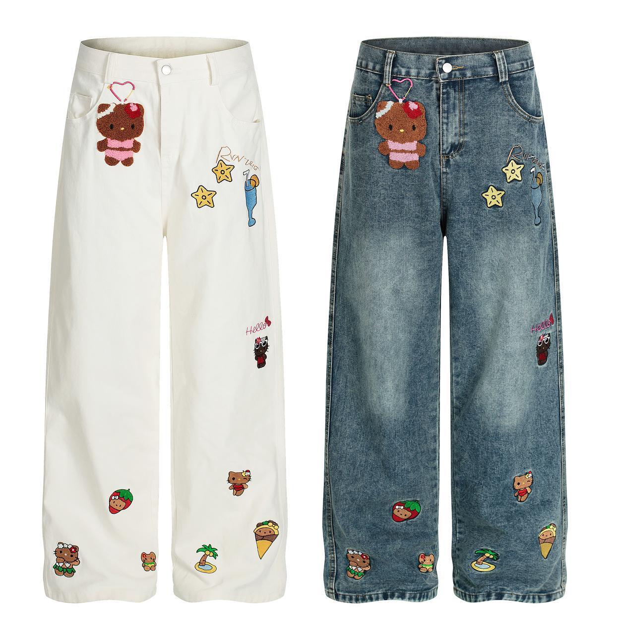 Kitty cat embroidered vintage jeans for women