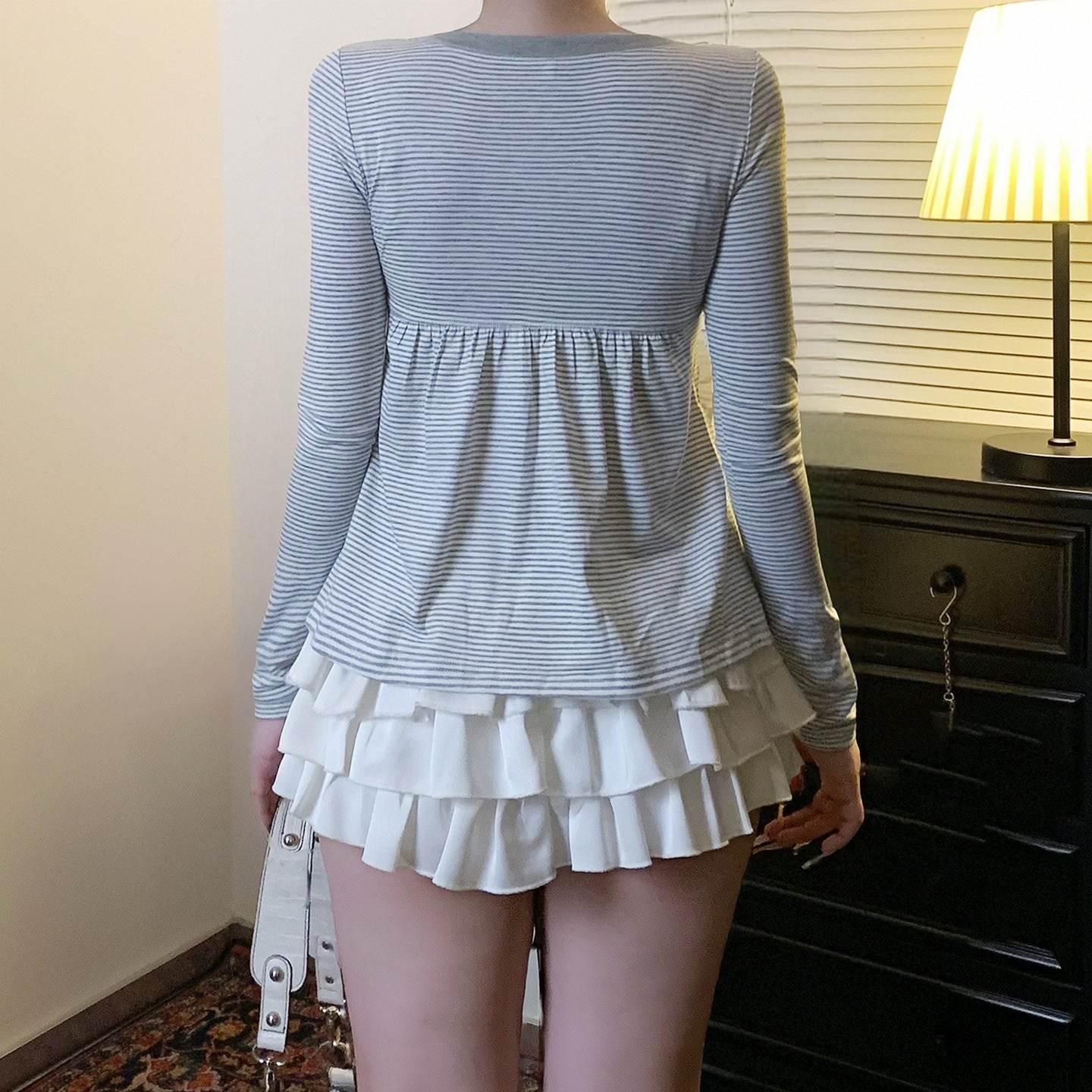 Striped patchwork bow tie round neck long sleeved top for women | MuddyStock Originals