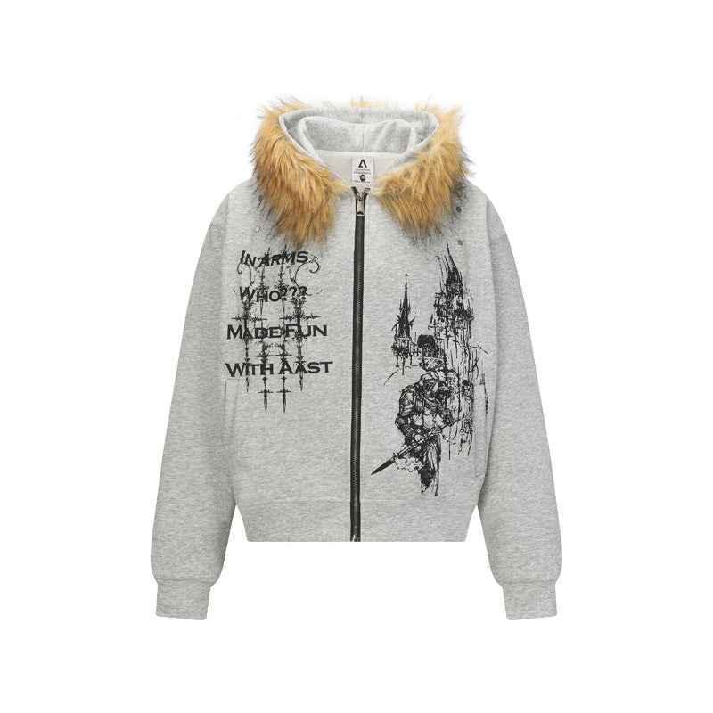 High Street Gothic Style Printed Fur Collar Hoodie for Men | MuddyStock Originals Floral Gray