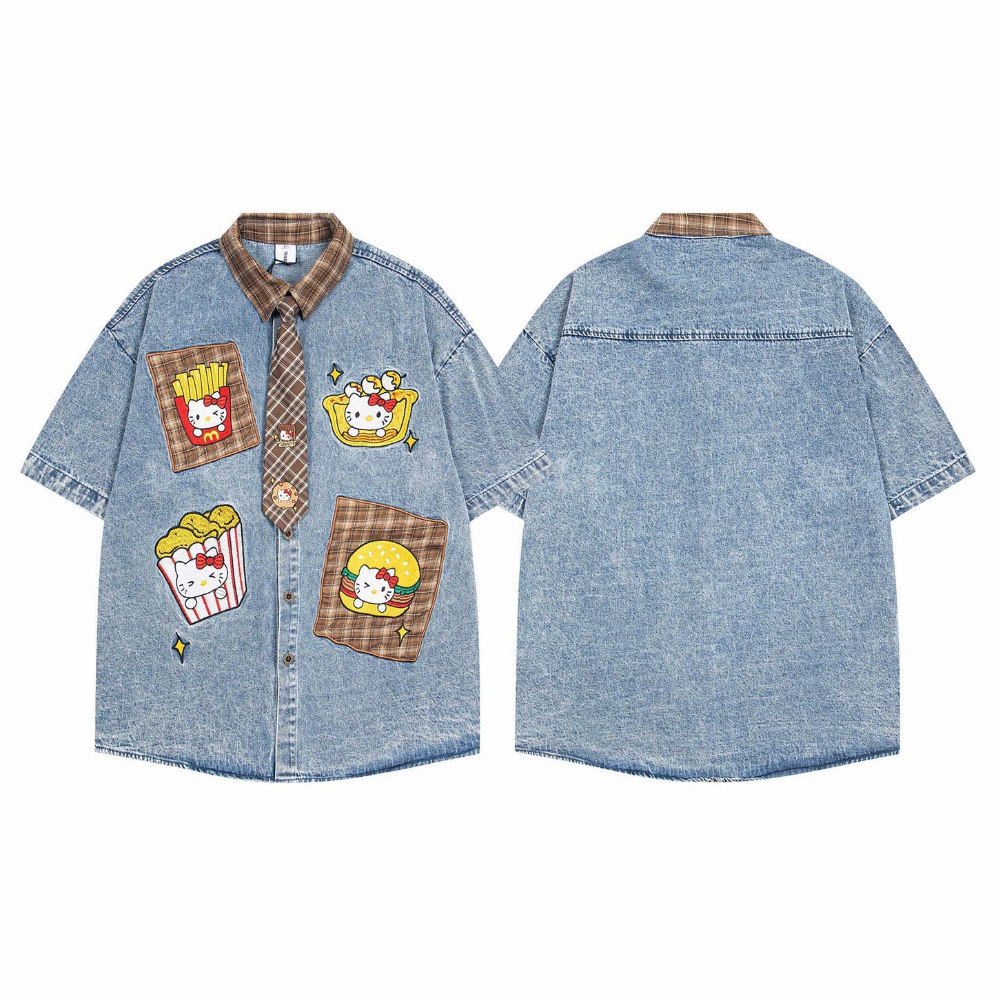 Retro Cartoon Patchwork Plaid Short Sleeve Shirt For Women | MuddyStock Originals eprolo