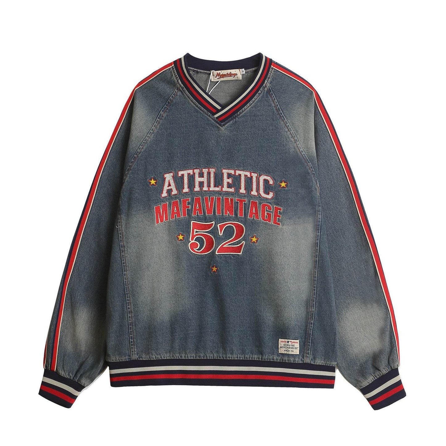 Letter Embroidered V-Neck Denim Sweatshirt For Men And Women | MuddyStock Originals eprolo