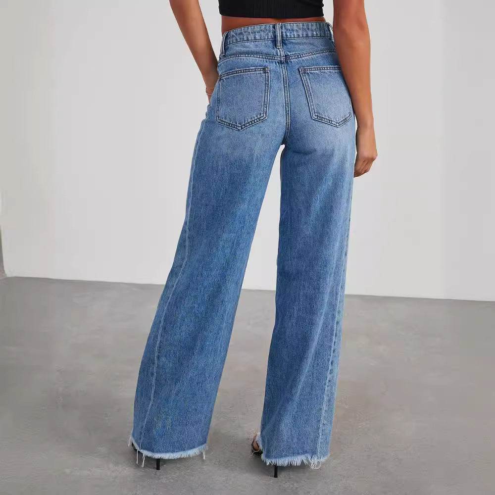 Loose wide leg side seam splicing, brushed hem denim jeans for women | MuddyStock Originals MuddyStock