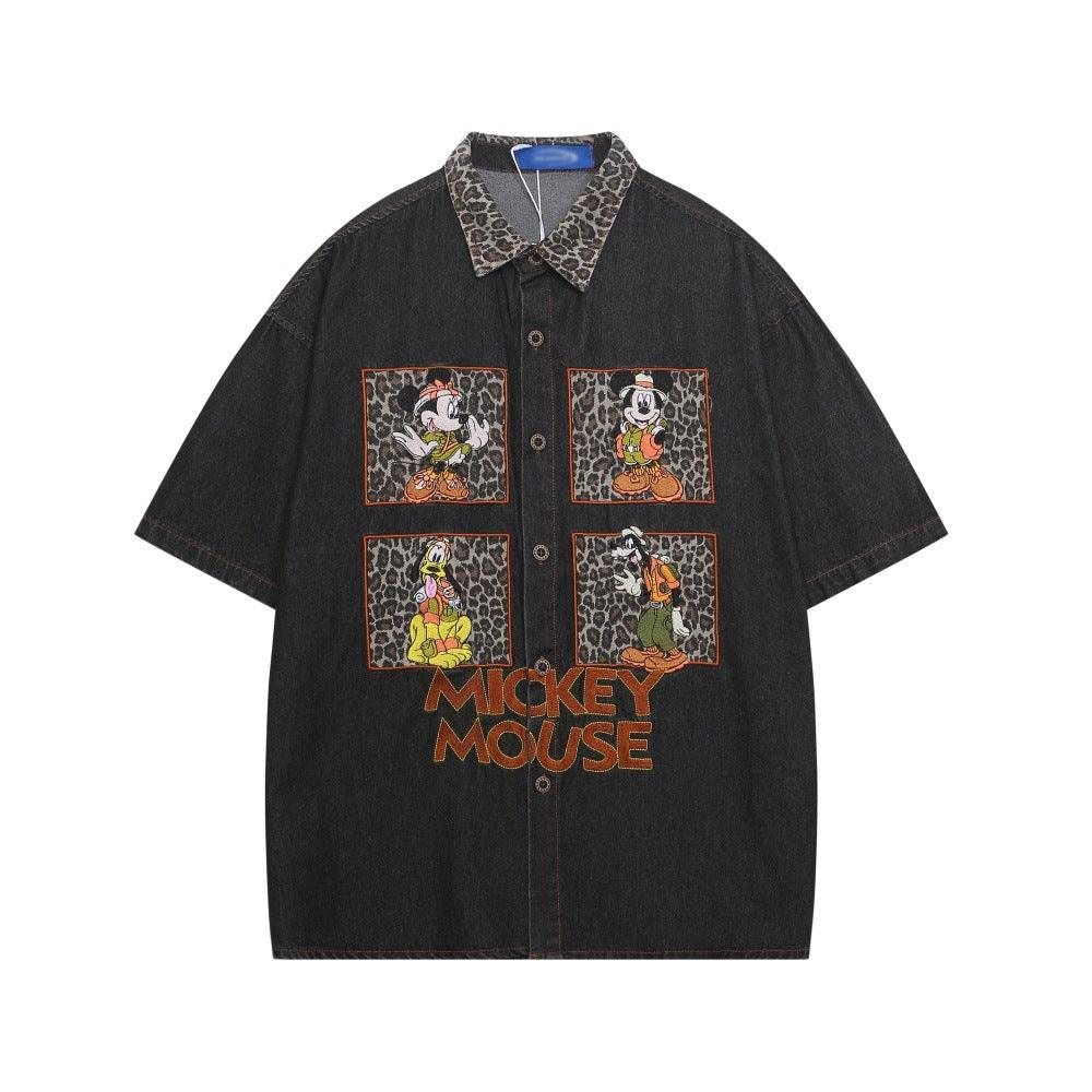 Fun Cartoon Leopard Print Applique Short Sleeve Shirt For Men And Women | MuddyStock Originals Black