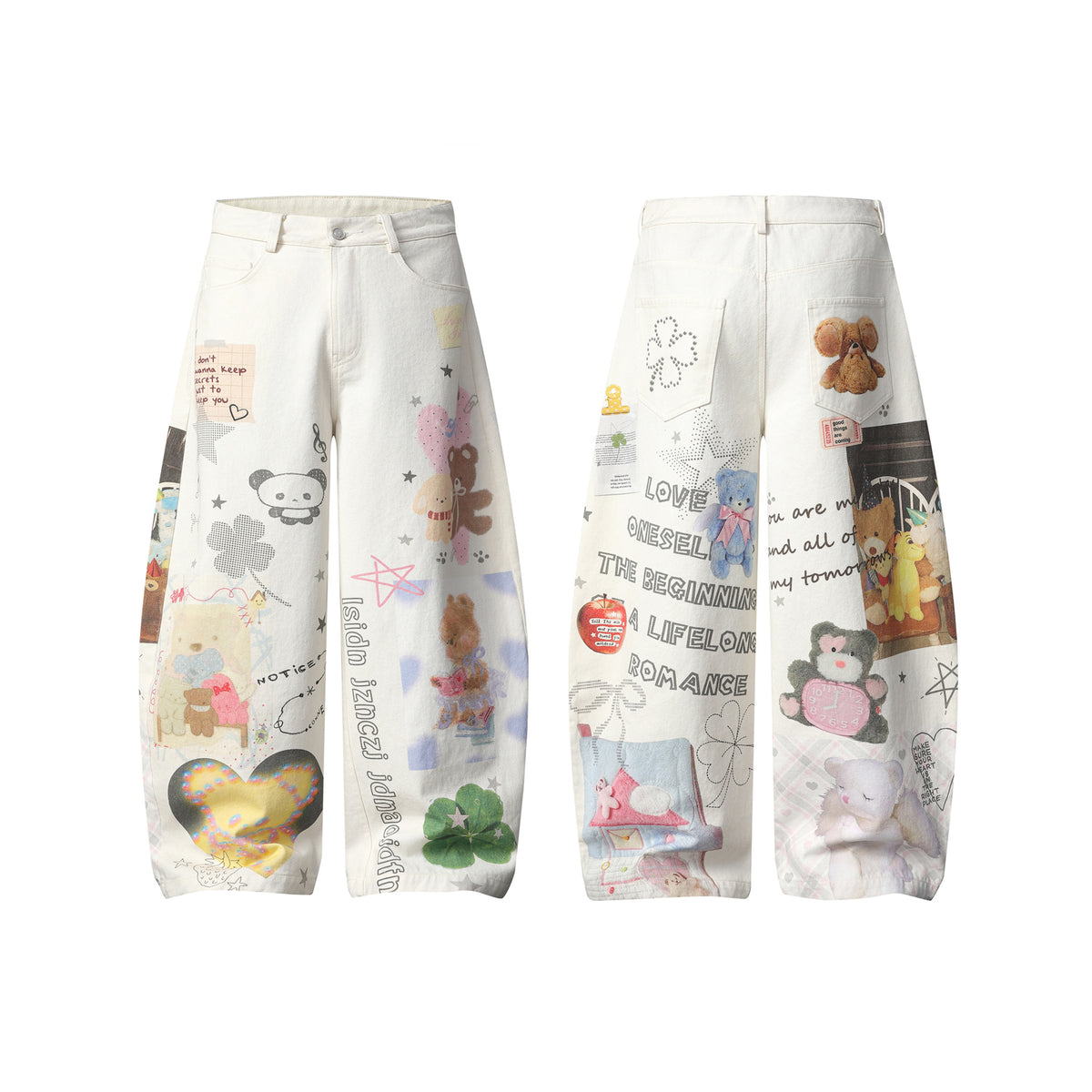 Cartoon Bear Doll Print Denim Wide Leg Jeans For Women | MuddyStock Originals
