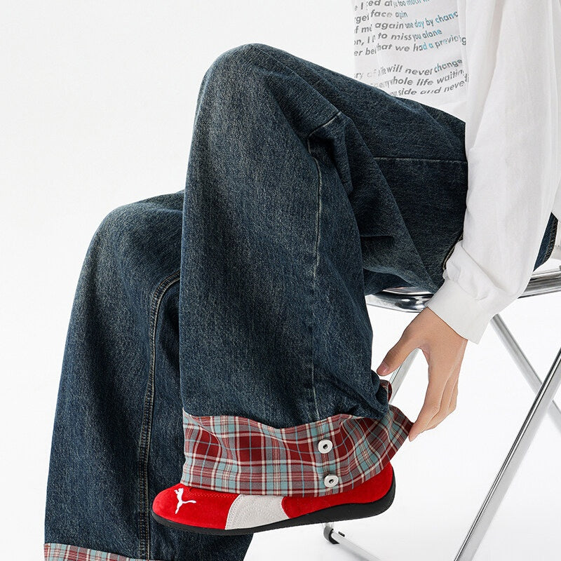Retro Washed Plaid Cuffed Denim Wide Leg Long Pants For Men And Women | MuddyStock Originals MuddyStock