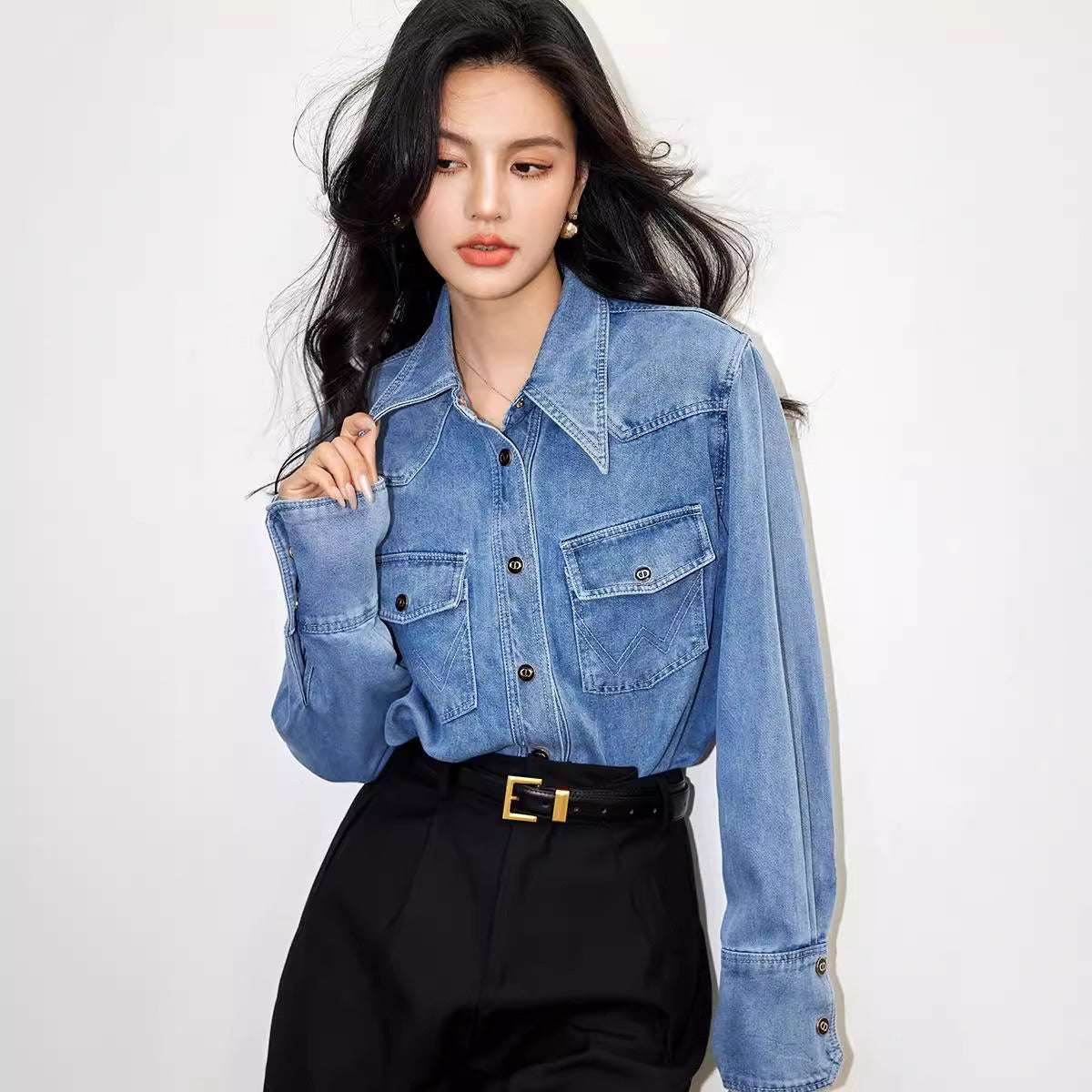 Premium blue shirt washed denim casual loose patchwork | MuddyStock Originals MuddyStock
