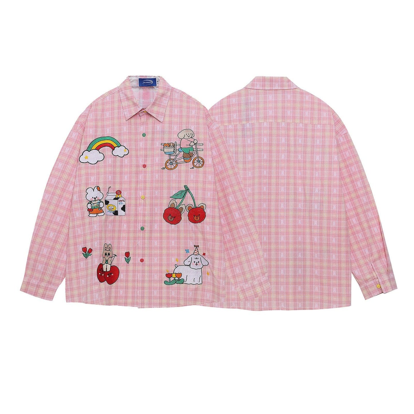 Retro Cartoon Plaid Long Sleeve Shirt For Women
