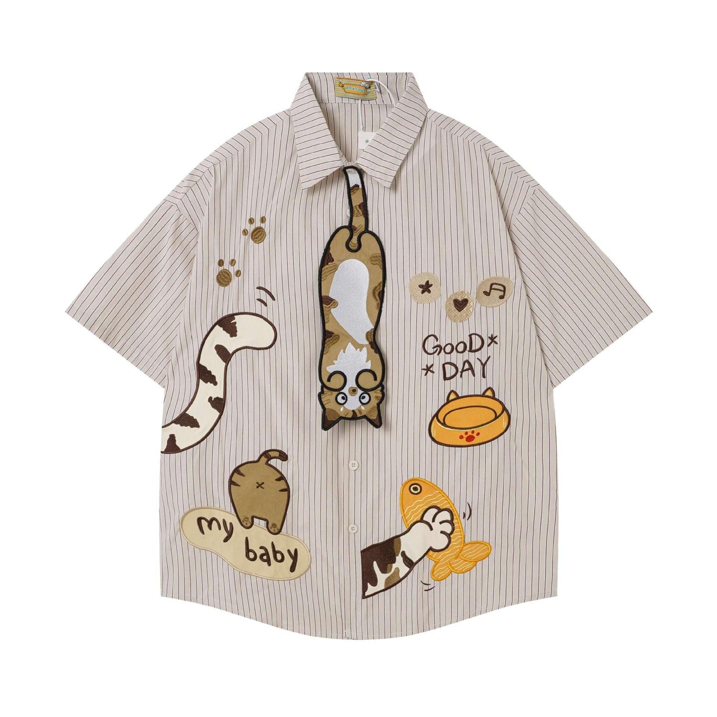 Cat Fishing Cartoon Design Short Sleeve Shirt For Women | MuddyStock Originals Apricot Striped