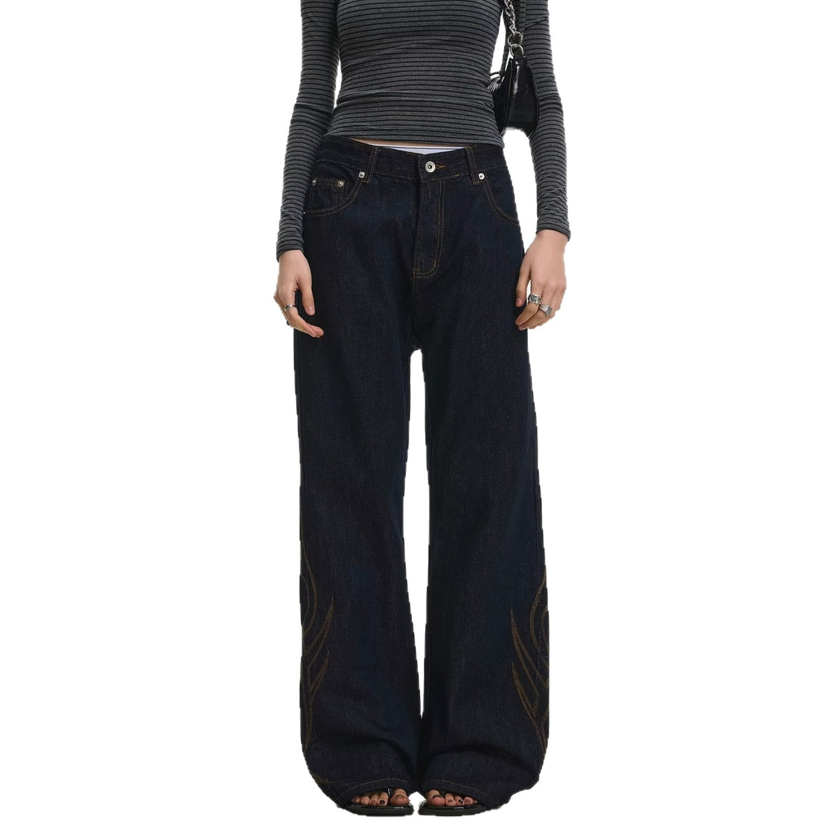 Vintage Tribal Embroidery Slim Fit Flared Denim High Waist Zipper Jeans