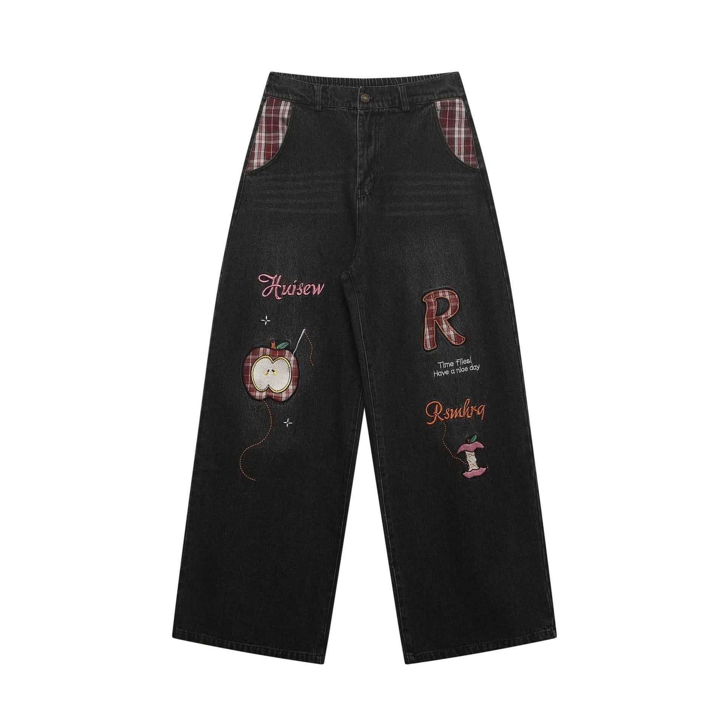 Retro plaid fun apple embroidered jeans for men and women | MuddyStock Originals