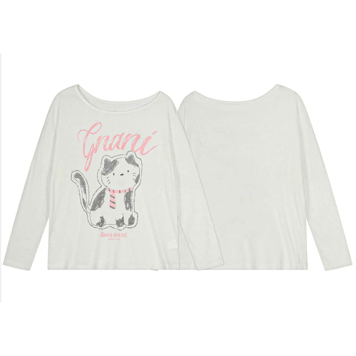 Cute cartoon cat printed slanted shoulder long sleeved T-shirt for women | MuddyStock Originals eprolo