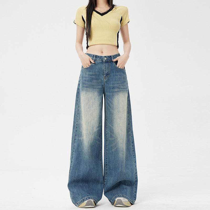 Women's Washed Vintage Blue Draped Loose High-Waist Wide-Leg Jeans Blue # Extended Length eprolo