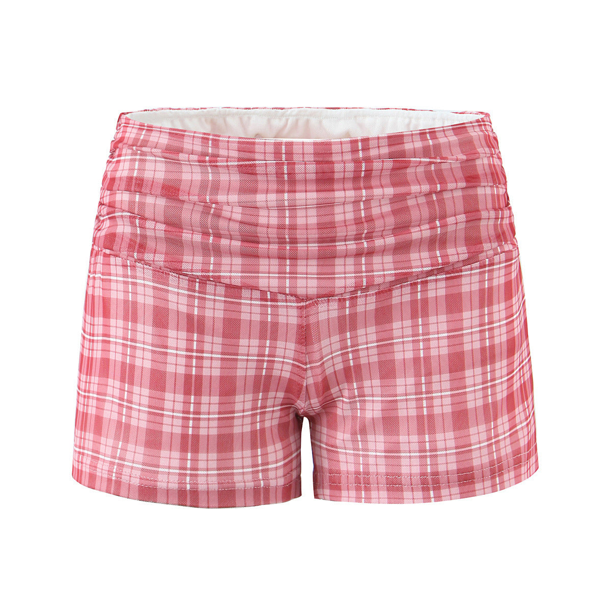 Pink plaid patchwork V-neck small tank top for women+high waisted slim fit sexy shorts two-piece set