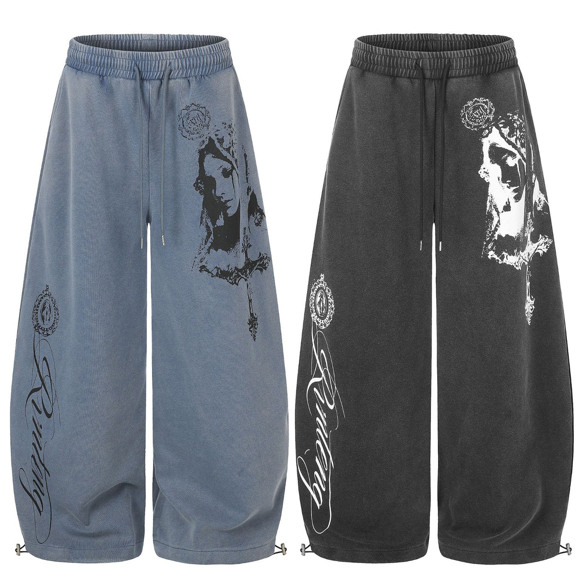 American High Street Washed Portrait Print Wide Leg Casual Sweatpants For Women | MuddyStock Origoinals