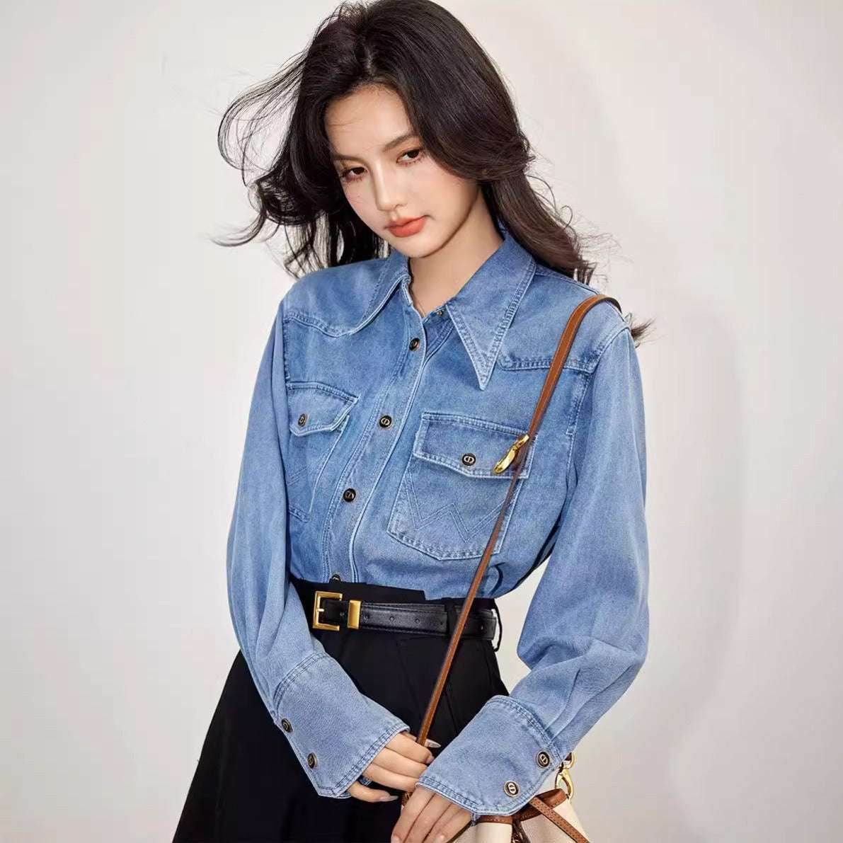Premium blue shirt washed denim casual loose patchwork | MuddyStock Originals MuddyStock