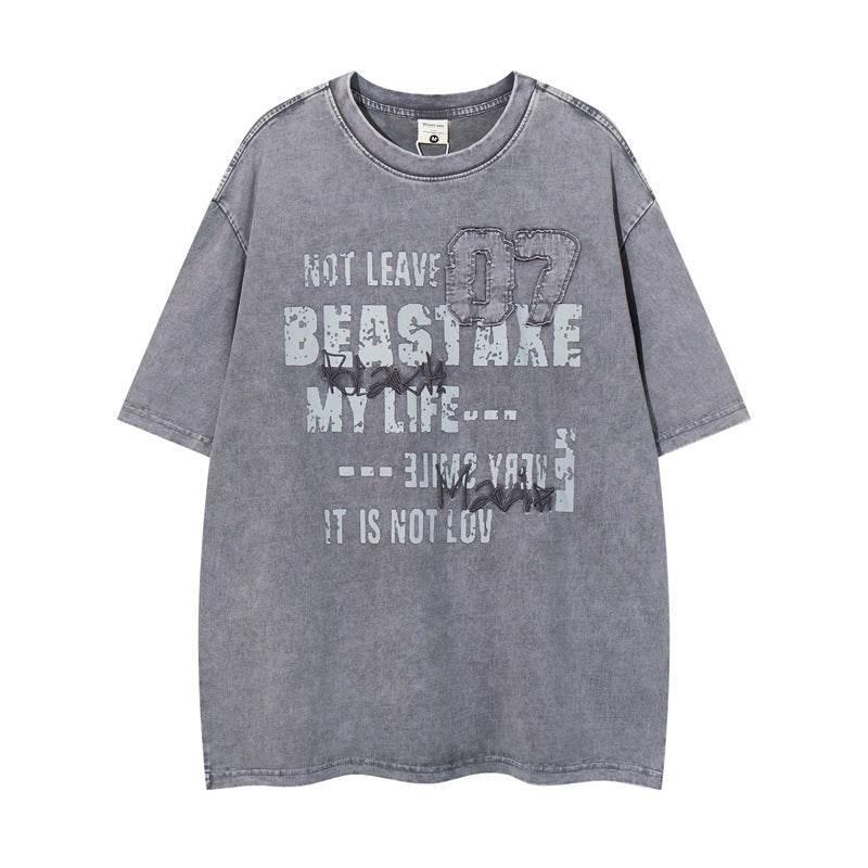 Washed Vintage Black Short Sleeve T-Shirt For Men And Women Gray